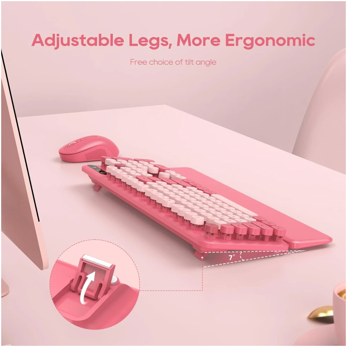 Wireless Keyboard and Mouse Combo - Round Keycaps, Full-Size Retro Typewriter Keyboard with Detachable Wrist Rest, Sleep Mode & Tilt Legs, 2.4GHz Cordless Connection for...