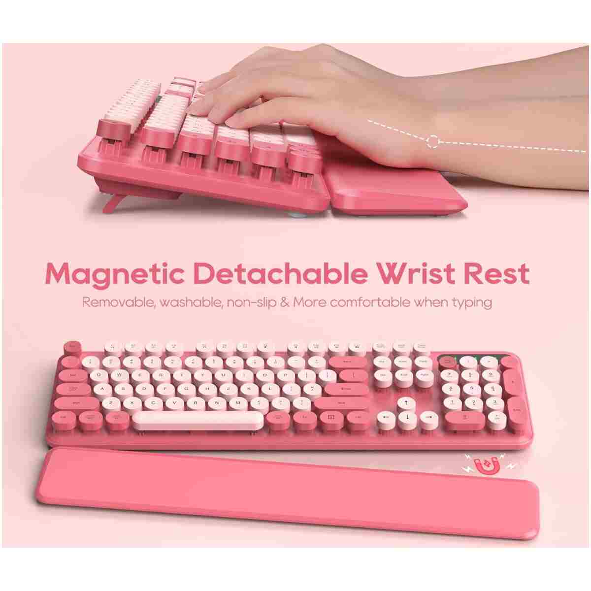 Wireless Keyboard and Mouse Combo - Round Keycaps, Full-Size Retro Typewriter Keyboard with Detachable Wrist Rest, Sleep Mode & Tilt Legs, 2.4GHz Cordless Connection for...