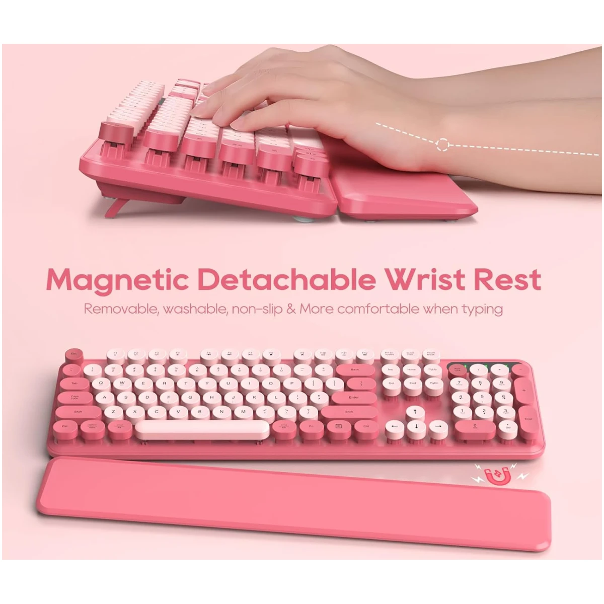 Wireless Keyboard and Mouse Combo - Round Keycaps, Full-Size Retro Typewriter Keyboard with Detachable Wrist Rest, Sleep Mode & Tilt Legs, 2.4GHz Cordless Connection for...