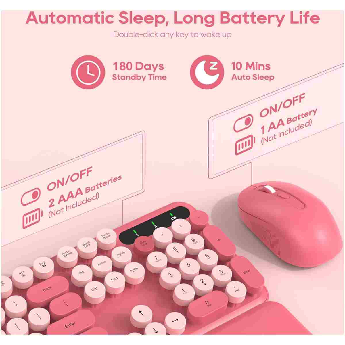 Wireless Keyboard and Mouse Combo - Round Keycaps, Full-Size Retro Typewriter Keyboard with Detachable Wrist Rest, Sleep Mode & Tilt Legs, 2.4GHz Cordless Connection for...