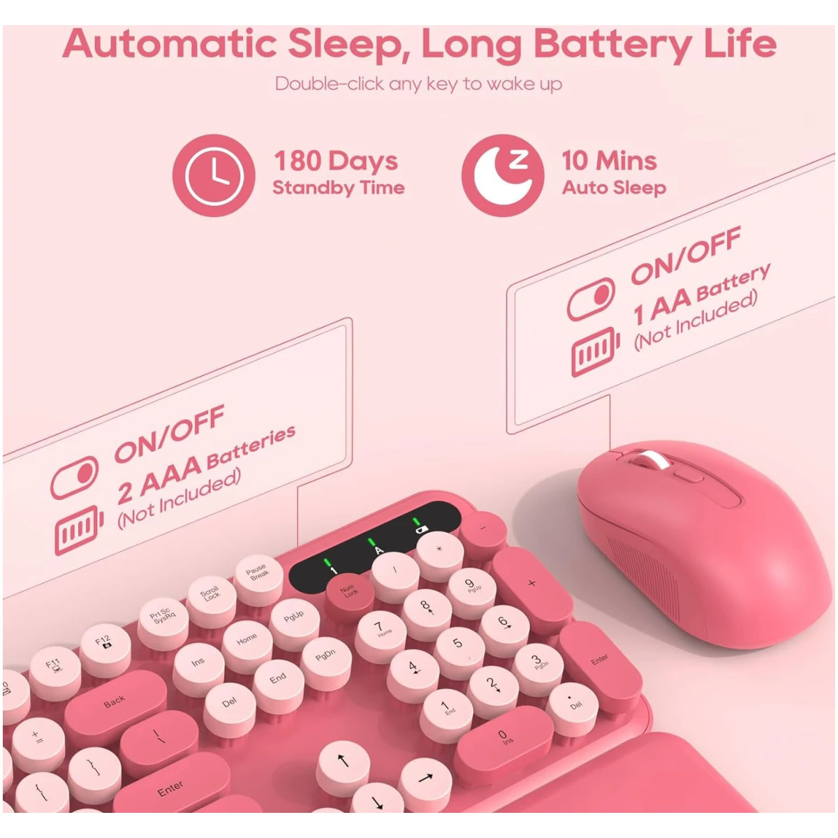 Wireless Keyboard and Mouse Combo - Round Keycaps, Full-Size Retro Typewriter Keyboard with Detachable Wrist Rest, Sleep Mode & Tilt Legs, 2.4GHz Cordless Connection for...