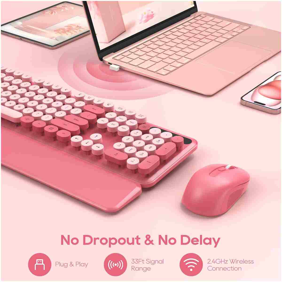 Wireless Keyboard and Mouse Combo - Round Keycaps, Full-Size Retro Typewriter Keyboard with Detachable Wrist Rest, Sleep Mode & Tilt Legs, 2.4GHz Cordless Connection for...