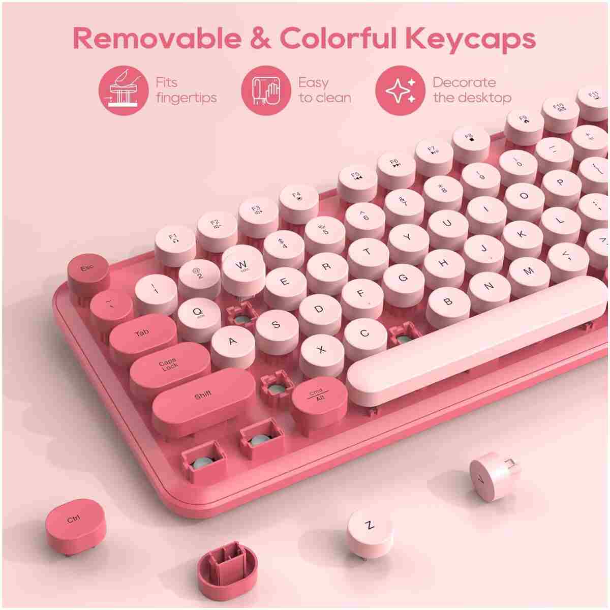 Wireless Keyboard and Mouse Combo - Round Keycaps, Full-Size Retro Typewriter Keyboard with Detachable Wrist Rest, Sleep Mode & Tilt Legs, 2.4GHz Cordless Connection for...