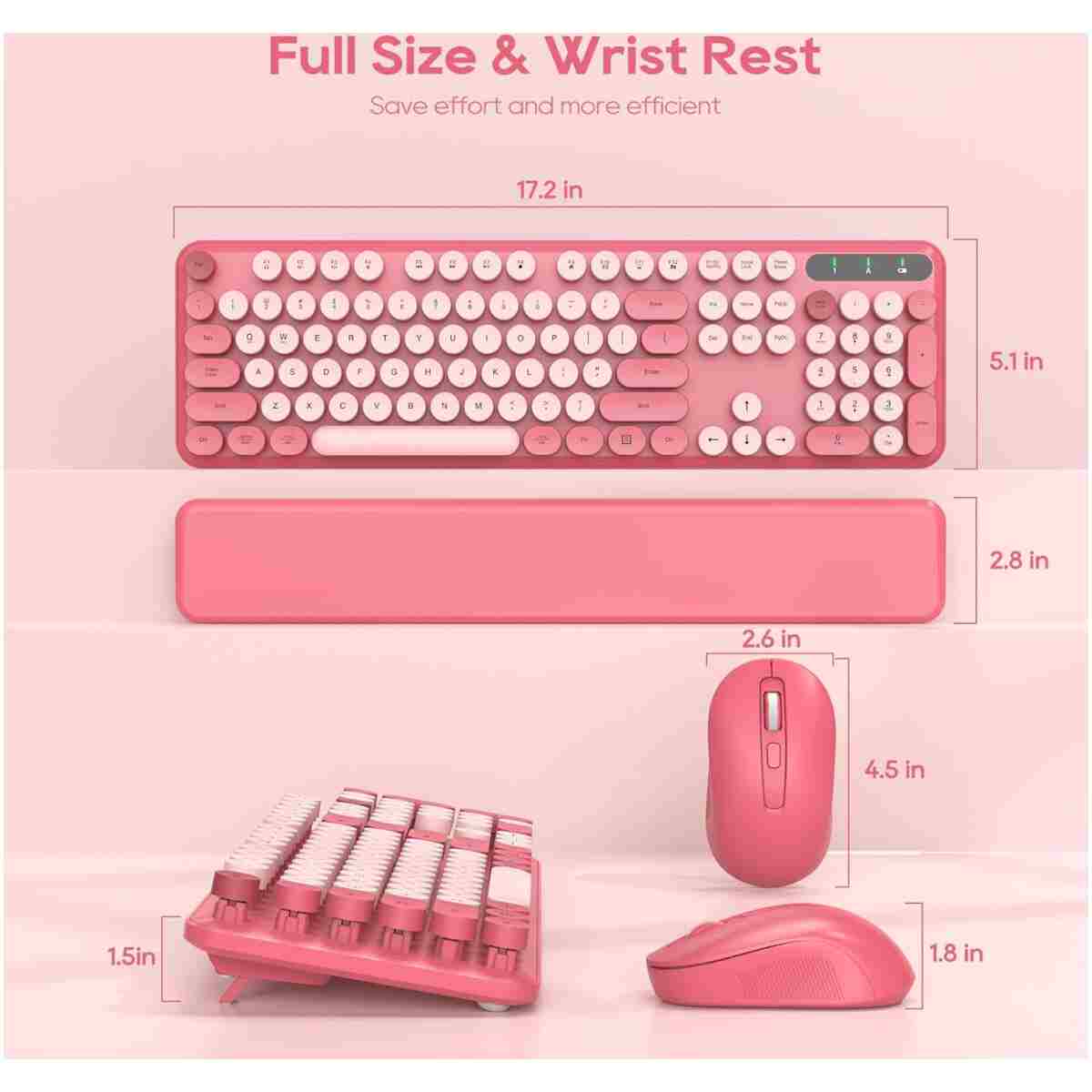 Wireless Keyboard and Mouse Combo - Round Keycaps, Full-Size Retro Typewriter Keyboard with Detachable Wrist Rest, Sleep Mode & Tilt Legs, 2.4GHz Cordless Connection for...