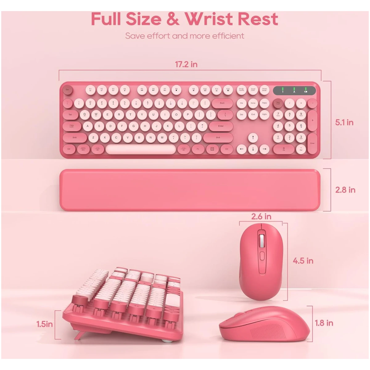 Wireless Keyboard and Mouse Combo - Round Keycaps, Full-Size Retro Typewriter Keyboard with Detachable Wrist Rest, Sleep Mode & Tilt Legs, 2.4GHz Cordless Connection for...