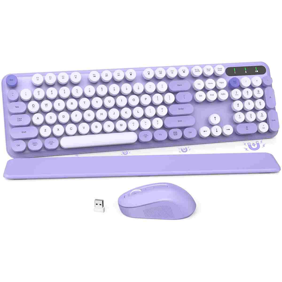 Wireless Keyboard and Mouse Combo - Round Keycaps, Full-Size Retro Typewriter Keyboard with Detachable Wrist Rest, Sleep Mode & Tilt Legs, 2.4GHz Cordless Connection for...