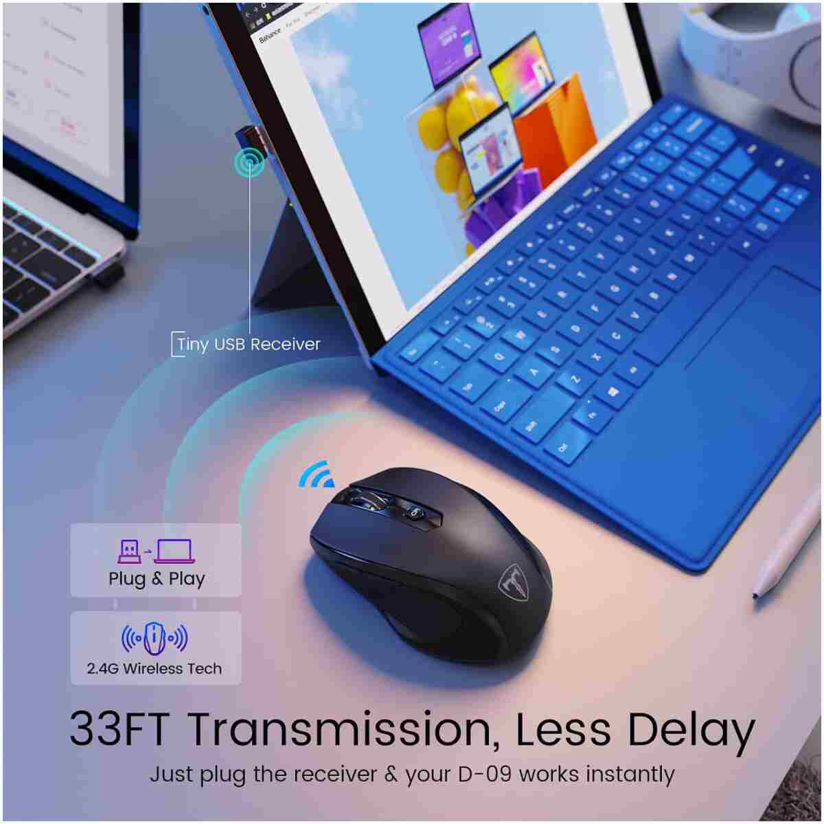 Wireless Mouse, D-09 Computer Mouse USB Cordless Mice for Laptop, Ergo Grips, Lightspeed 5-Level 2400 DPI, 16 Months Battery, Portable for PC Mac Chromebook (Black)