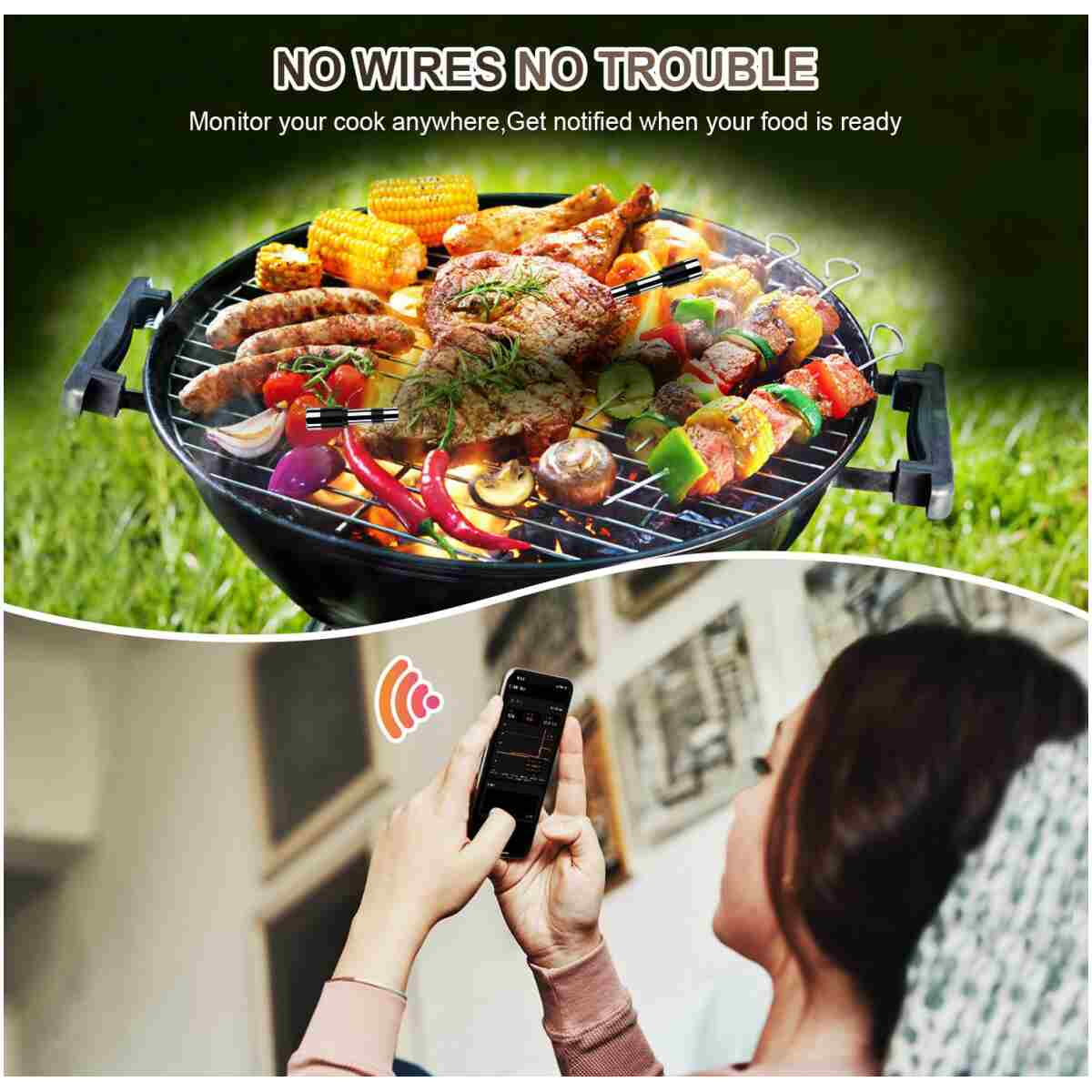 Wireless Smart Meat Thermometer with Dual-Sensor Probe, 500FT Remote Monitoring, Dedicated App, Real-Time Ambient and Food Temperature Tracking for Precise Cooking Control