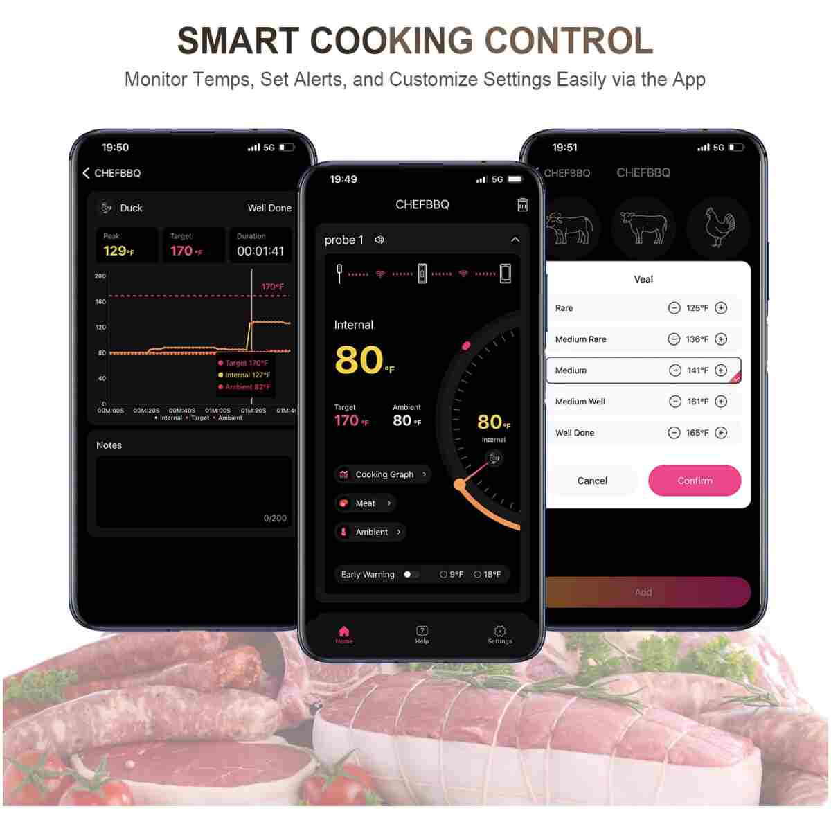 Wireless Smart Meat Thermometer with Dual-Sensor Probe, 500FT Remote Monitoring, Dedicated App, Real-Time Ambient and Food Temperature Tracking for Precise Cooking Control