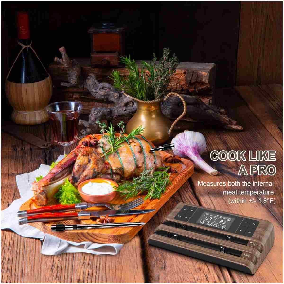 Wireless Smart Meat Thermometer with Dual-Sensor Probe, 500FT Remote Monitoring, Dedicated App, Real-Time Ambient and Food Temperature Tracking for Precise Cooking Control