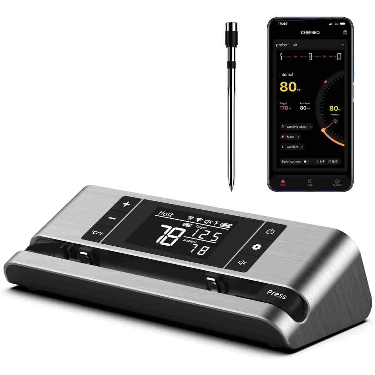 Wireless Smart Meat Thermometer with Dual-Sensor Probe, 500FT Remote Monitoring, Dedicated App, Real-Time Ambient and Food Temperature Tracking for Precise Cooking Control