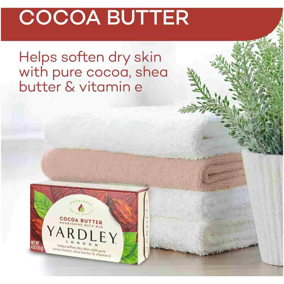 Yardley London Nourishing Bath Soap Bar Cocoa Butter, Helps Soften Dry Skin with Pure Cocoa Butter, Shea Butter & Vitamin E, 4.0 oz Bath Bar, 1 Soap Bar