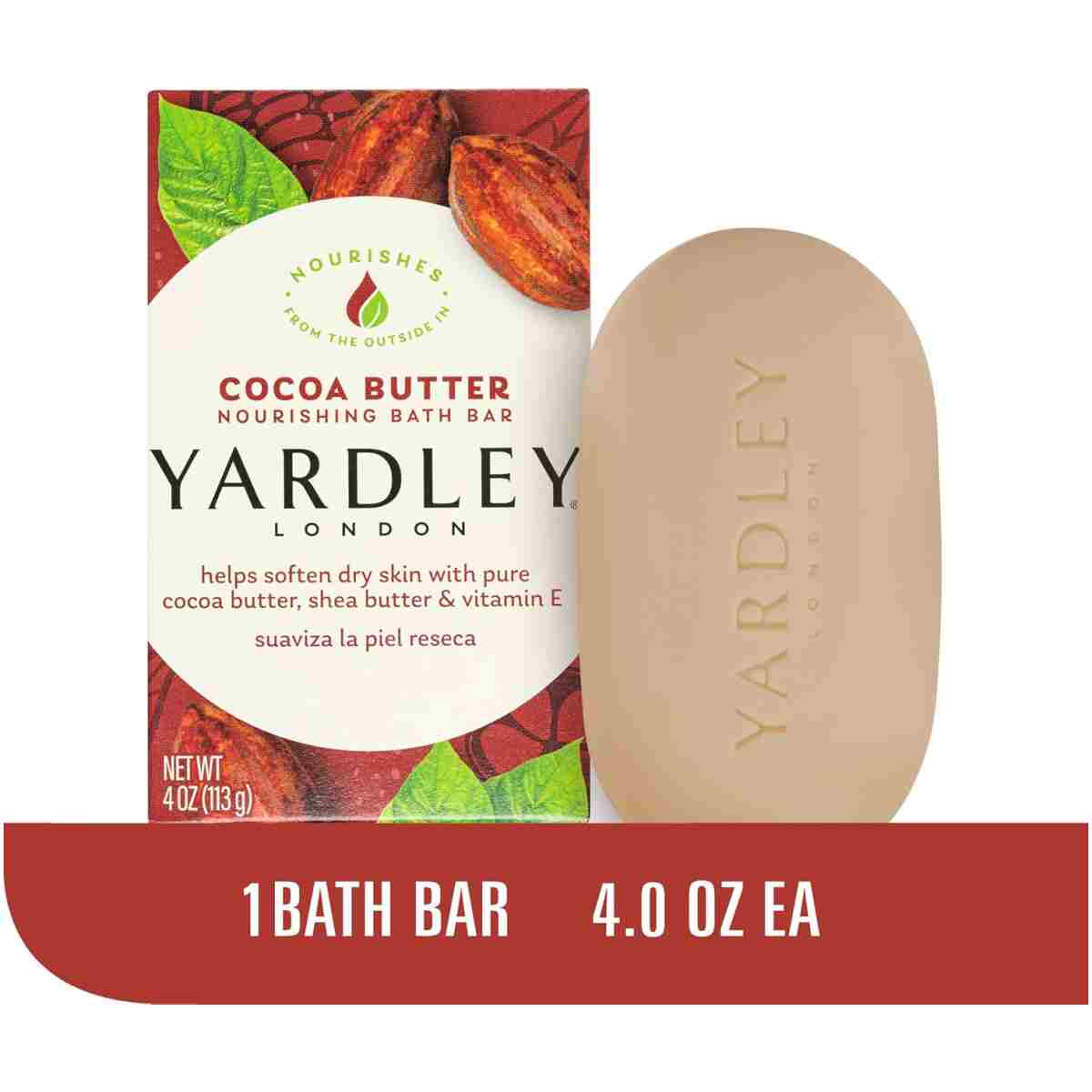Yardley London Nourishing Bath Soap Bar Cocoa Butter, Helps Soften Dry Skin with Pure Cocoa Butter, Shea Butter & Vitamin E, 4.0 oz Bath Bar, 1 Soap Bar