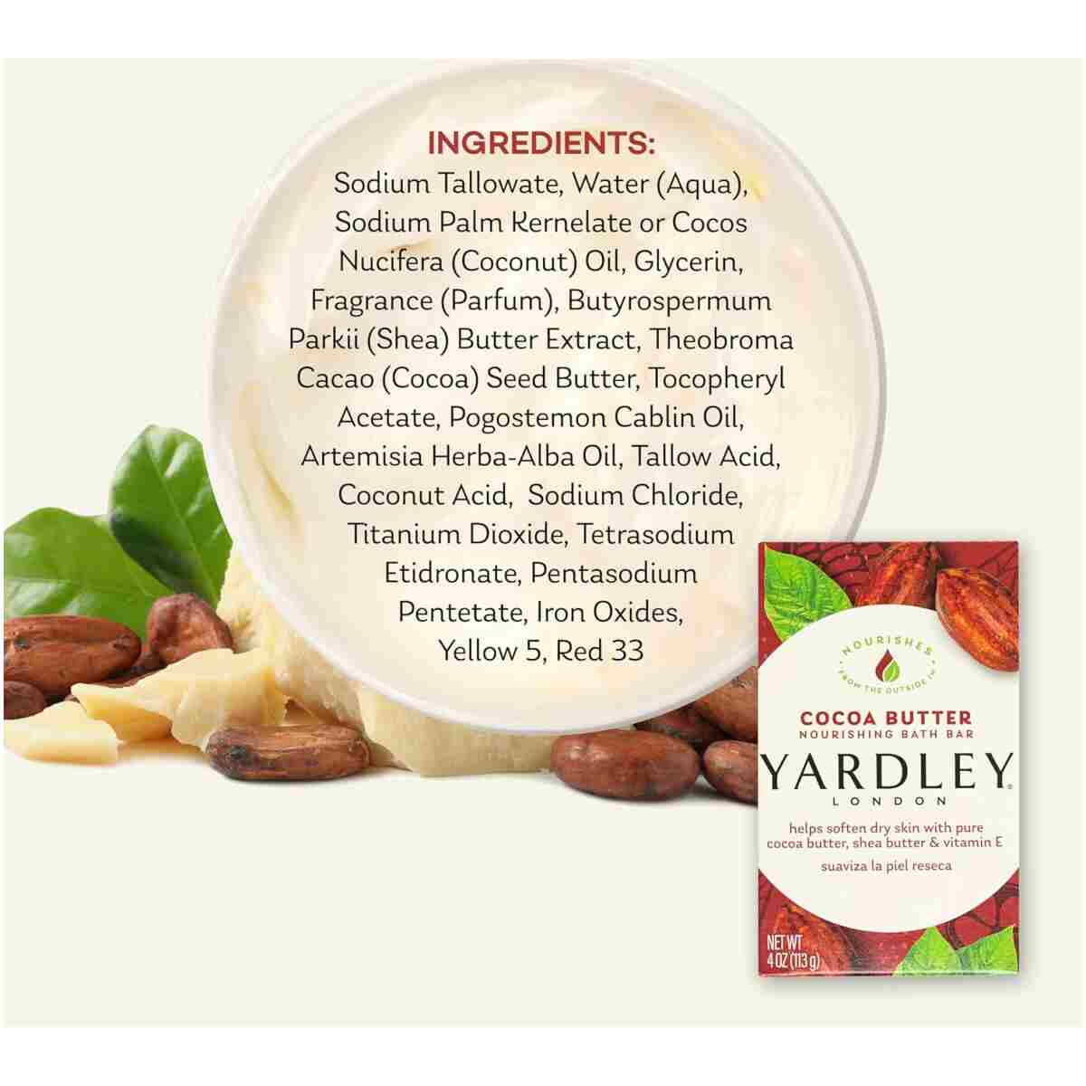 Yardley London Nourishing Bath Soap Bar Cocoa Butter, Helps Soften Dry Skin with Pure Cocoa Butter, Shea Butter & Vitamin E, 4.0 oz Bath Bar, 1 Soap Bar