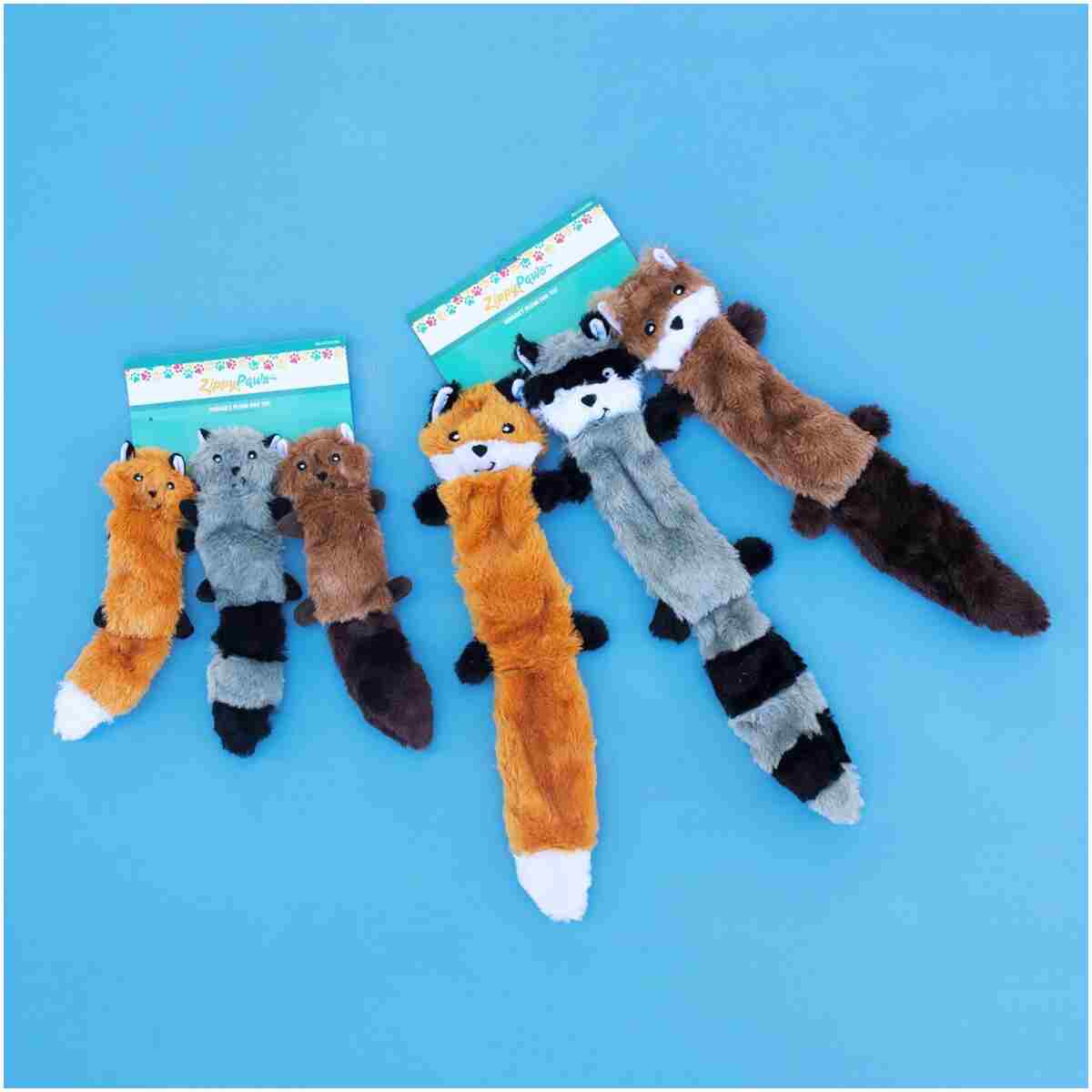 ZippyPaws Skinny Peltz - No Stuffing Dog Toy Pack to Keep Them Busy, for Medium and Large Dogs, Squeaky Pet Toys, Unstuffed Chew Toys, Soft Plush Variety Pack, Fox, Raccoon, and...