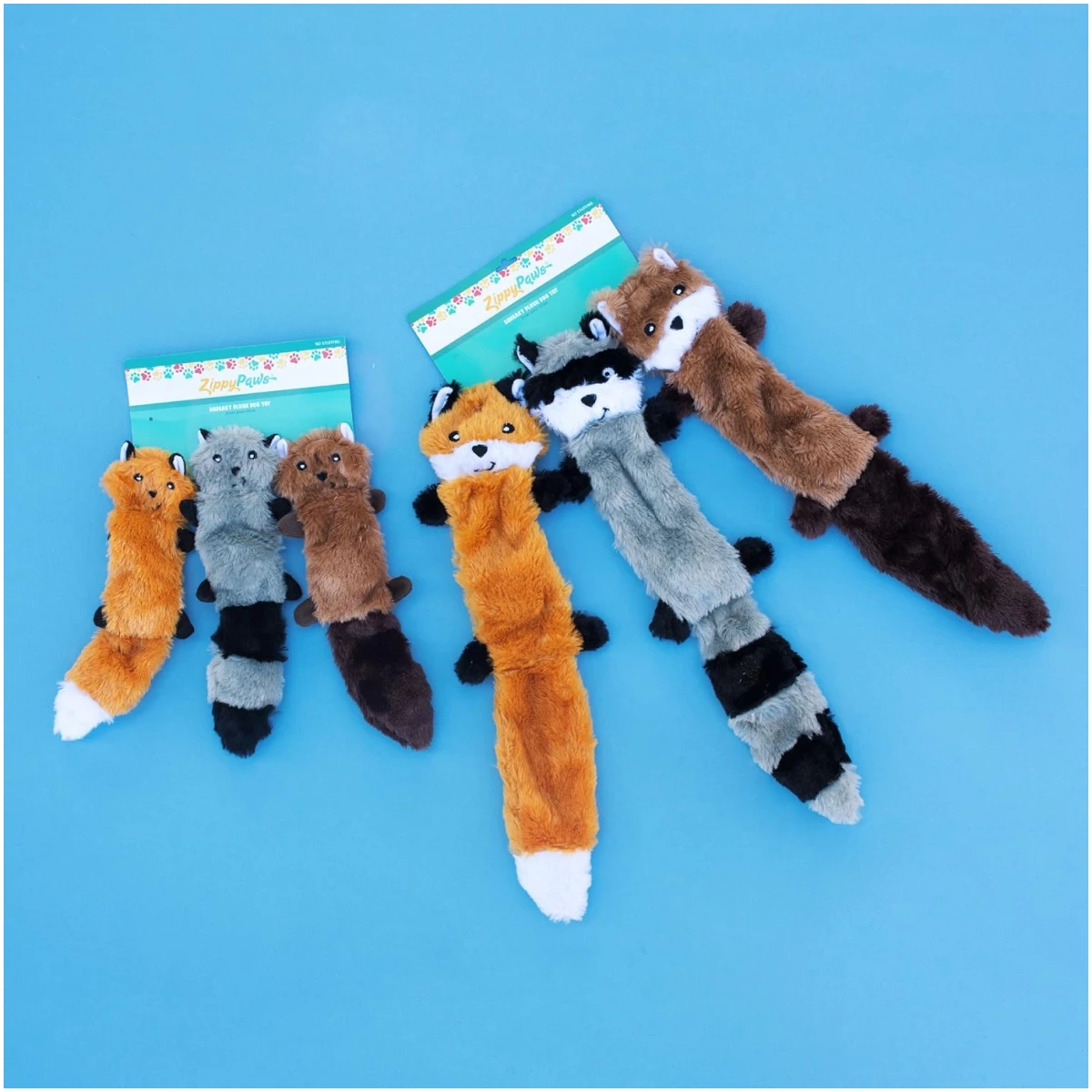 ZippyPaws Skinny Peltz - No Stuffing Dog Toy Pack to Keep Them Busy, for Medium and Large Dogs, Squeaky Pet Toys, Unstuffed Chew Toys, Soft Plush Variety Pack, Fox, Raccoon, and...