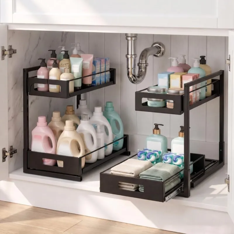 Under Sink Organizer, Adjustable Height 2 Tier Pull Out Cabinet Organizer